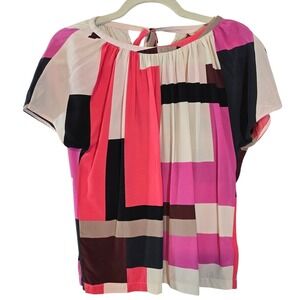 Kate Spade Silk Geometric Colorblock Pleated Tie Back Blouse Pink Black size 4